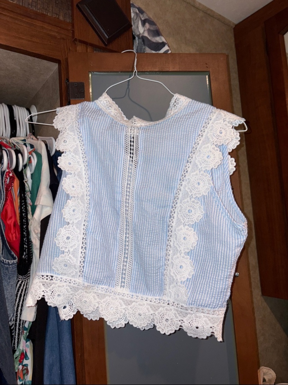 Blue & White Seersucker Lace Trim Sleeveless Top